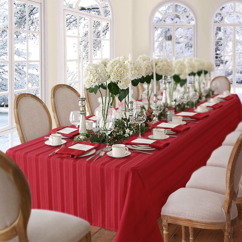 Newbridge Red Satin Stripe Fabric Tablecloth, 60 x 144 Inch Rectangle, Elegant Woven Stripe, Wrinkle Resistant Reusable Polyester Table Cover - Image 2